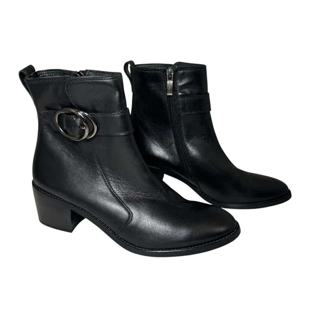 Paul Green Vanessa Womens 8 Black Leather Moto Ankle Bootie‎ Buckle NEW $559